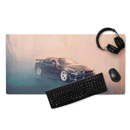 Nissan Skyline Inspired Gunmetal White Rim R34 GT-R Desk Pad – Extended Non-Slip PC Mouse Mat