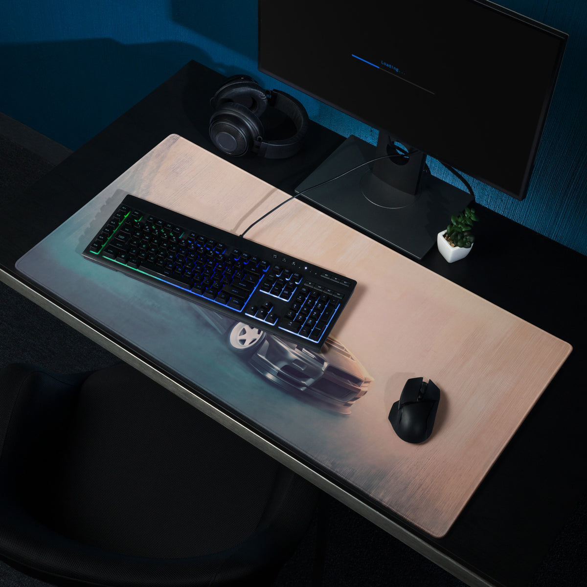 Nissan Skyline Inspired Gunmetal White Rim R34 GT-R Desk Pad – Extended Non-Slip PC Mouse Mat