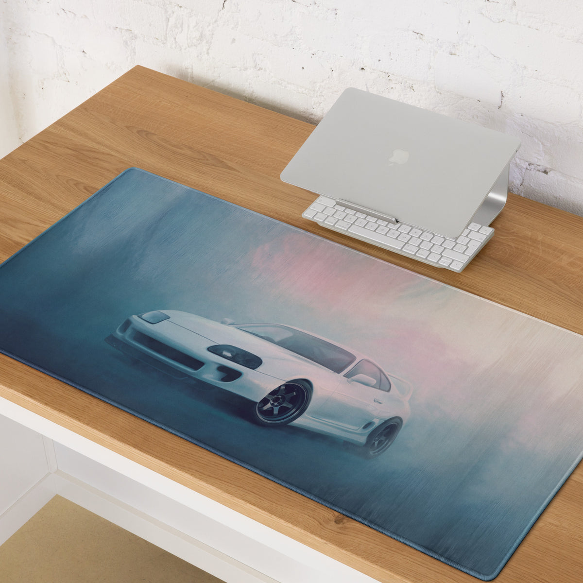 Toyota Supra Inspired Super White MK4 Low-Stance Desk Mat – Low-Friction Cloth Setup Mousepad