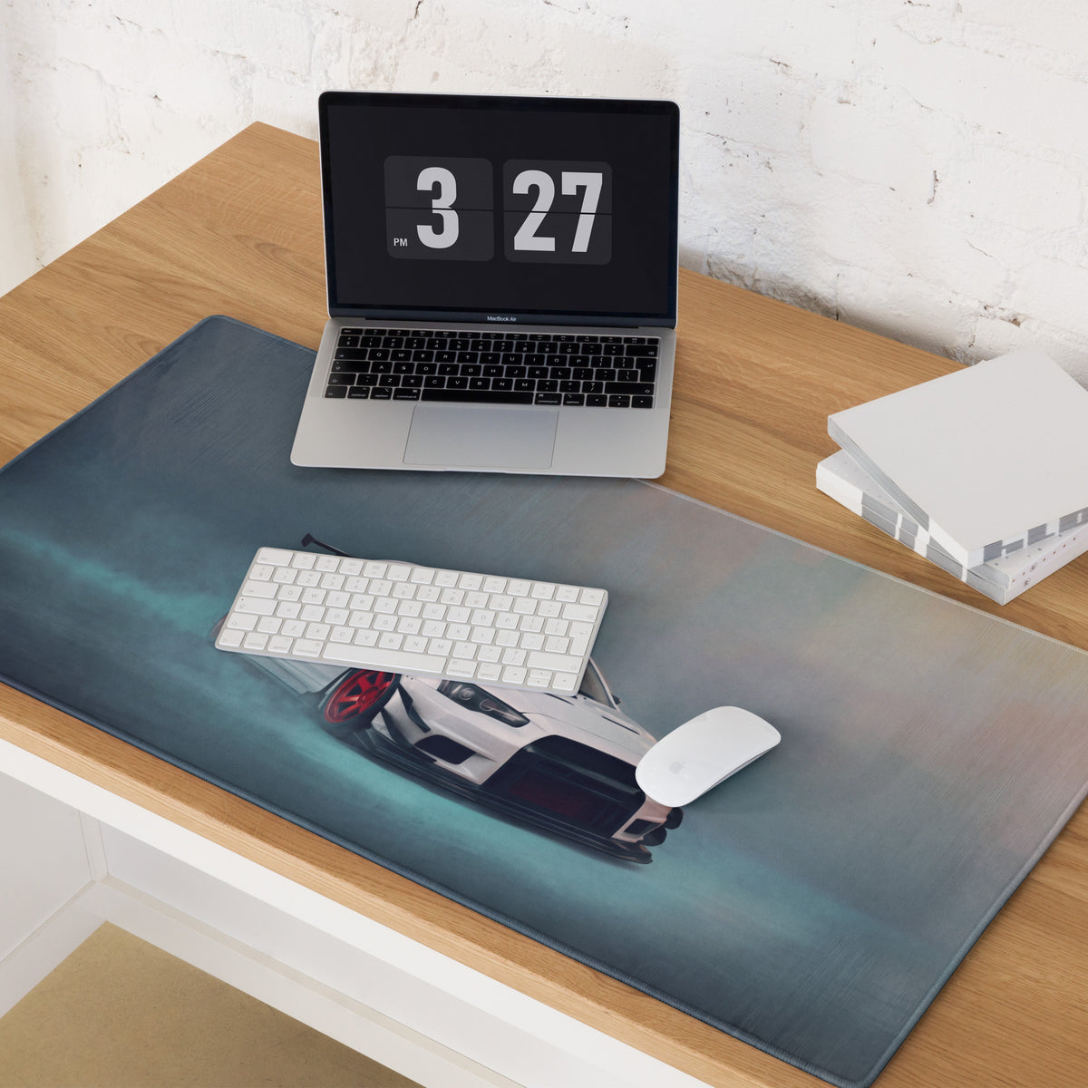 Mitsubishi Lancer Evolution Inspired Alpine White Crimson Rim Evo X Desk Pad – Extended Non-Slip PC Mouse Mat