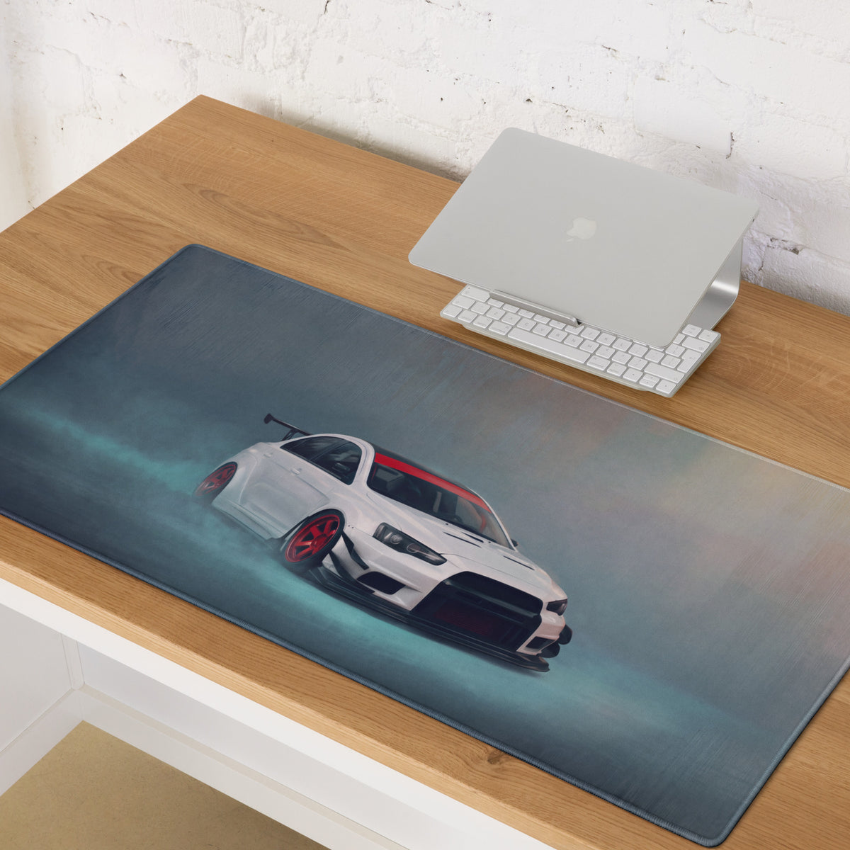 Mitsubishi Lancer Evolution Inspired Alpine White Crimson Rim Evo X Desk Pad – Extended Non-Slip PC Mouse Mat