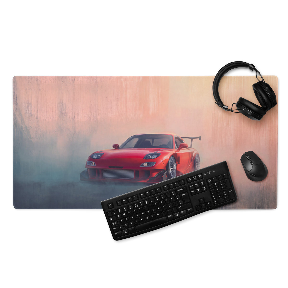Red sports car graphic on mazda rx-7 inspired vintage red re amemiya fd desk pad with stitched edge and ultra-glide surface