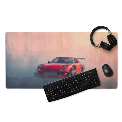 Red sports car graphic on mazda rx-7 inspired vintage red re amemiya fd desk pad with stitched edge and ultra-glide surface