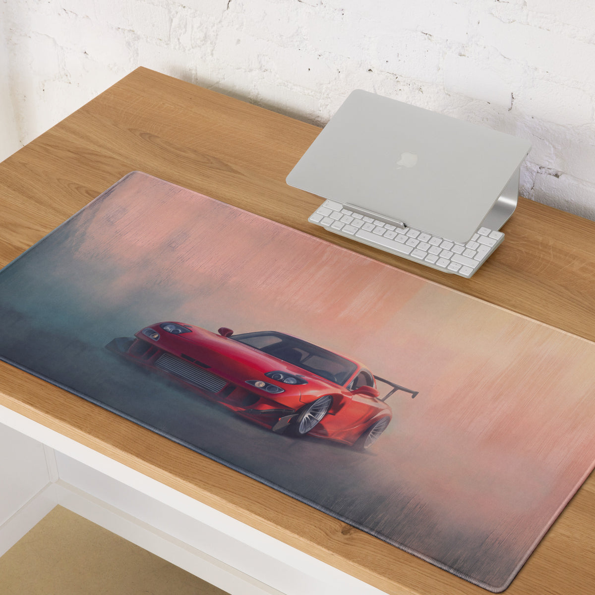 Mazda rx-7 inspired vintage red re amemiya fd desk pad featuring red sports car graphic on ultra-glide stitched edge mousepad