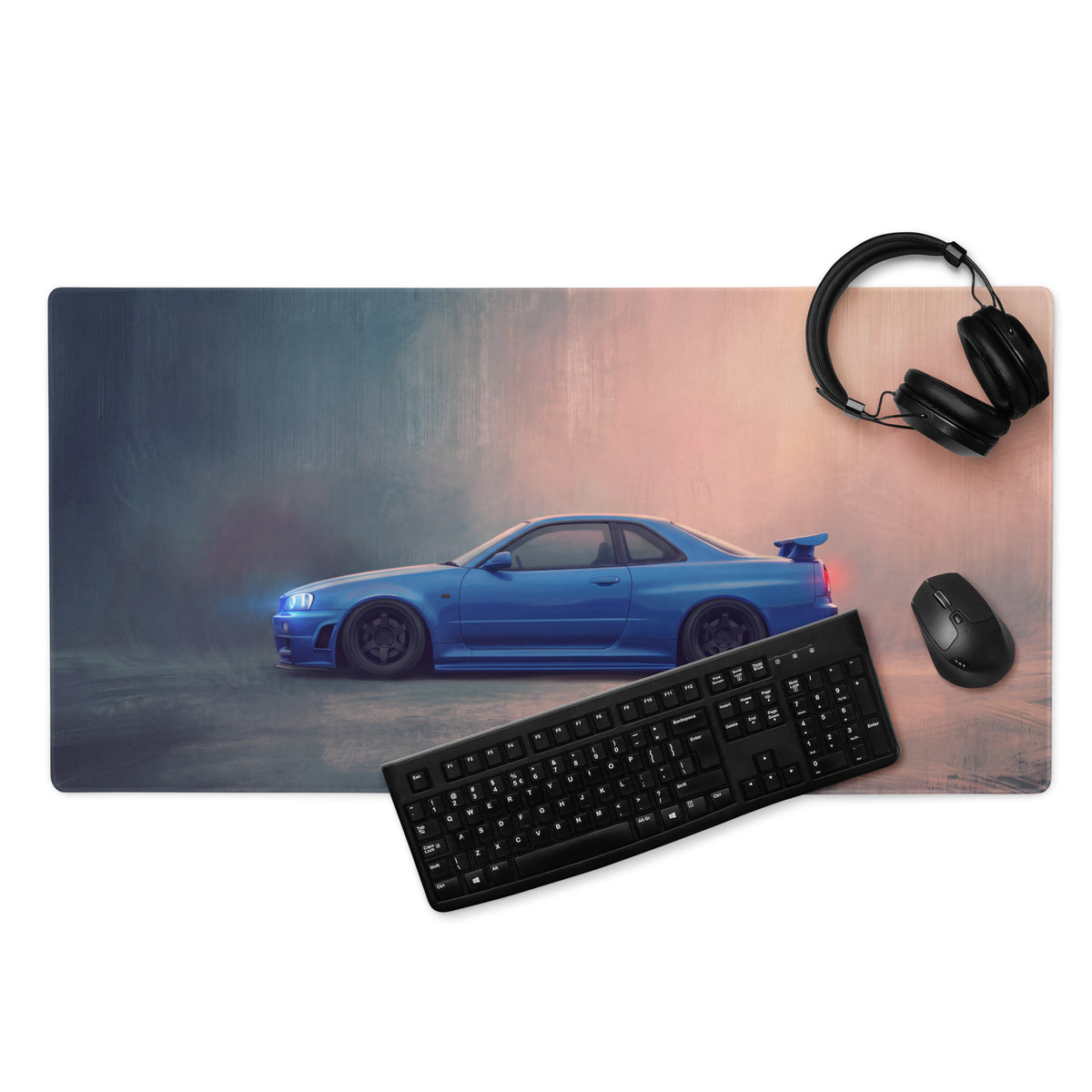 Nissan Skyline Inspired Bayside Blue R34 GT-R Profile Desk Mat – Low-Friction Cloth Setup Mousepad