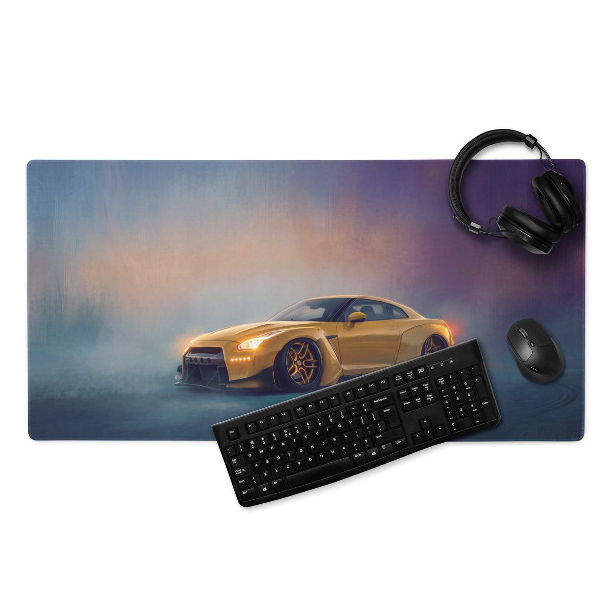 Nissan GT-R Inspired Sunburst Yellow Widebody Desk Mat – Low-Friction Cloth Setup Mousepad
