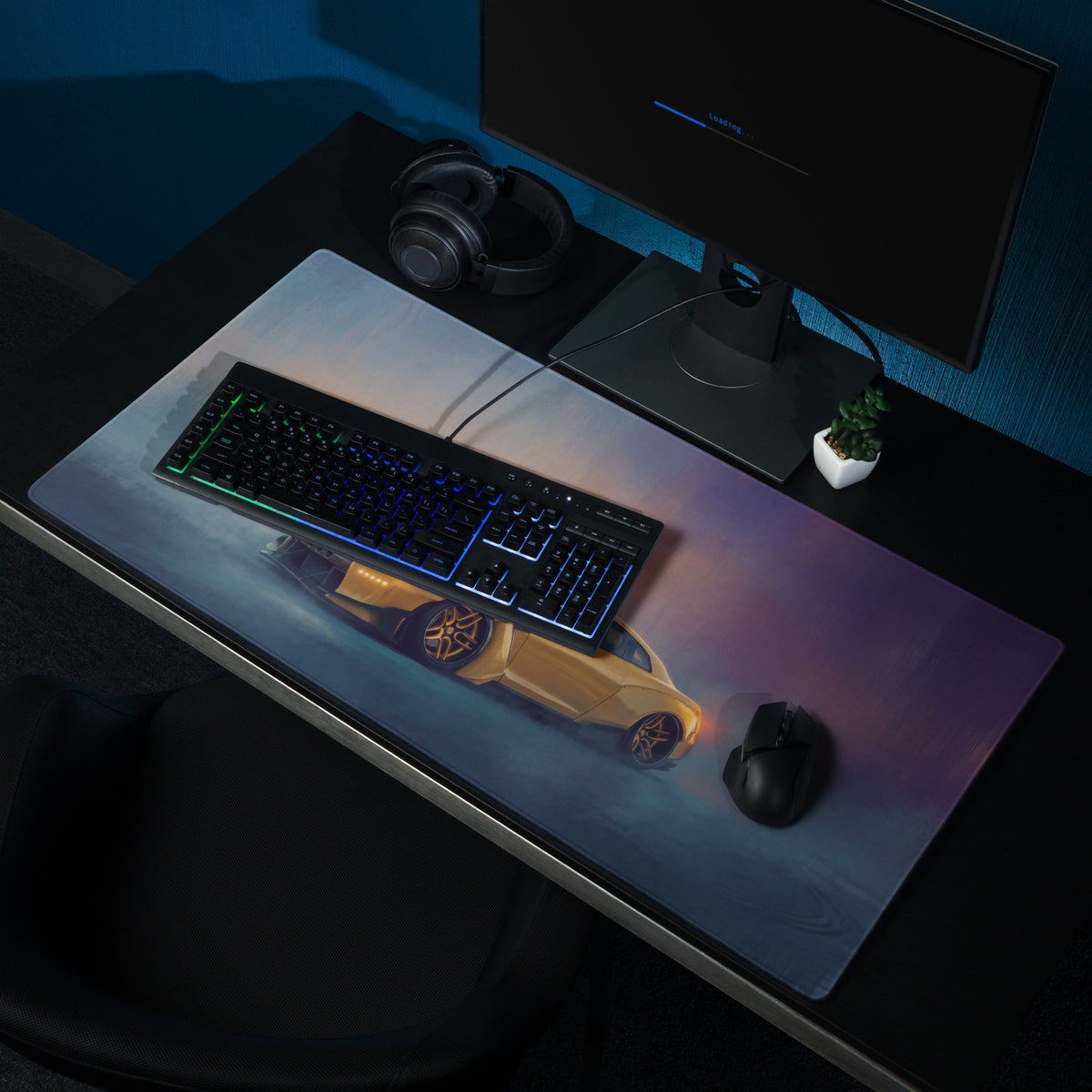Nissan GT-R Inspired Sunburst Yellow Widebody Desk Mat – Low-Friction Cloth Setup Mousepad