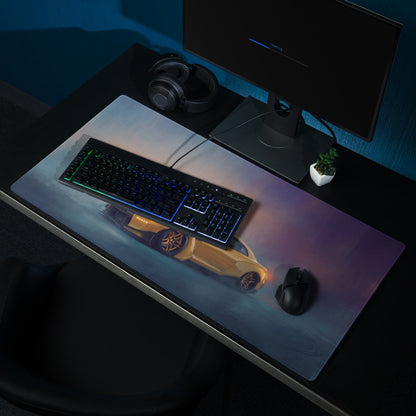 Nissan GT-R Inspired Sunburst Yellow Widebody Desk Mat – Low-Friction Cloth Setup Mousepad