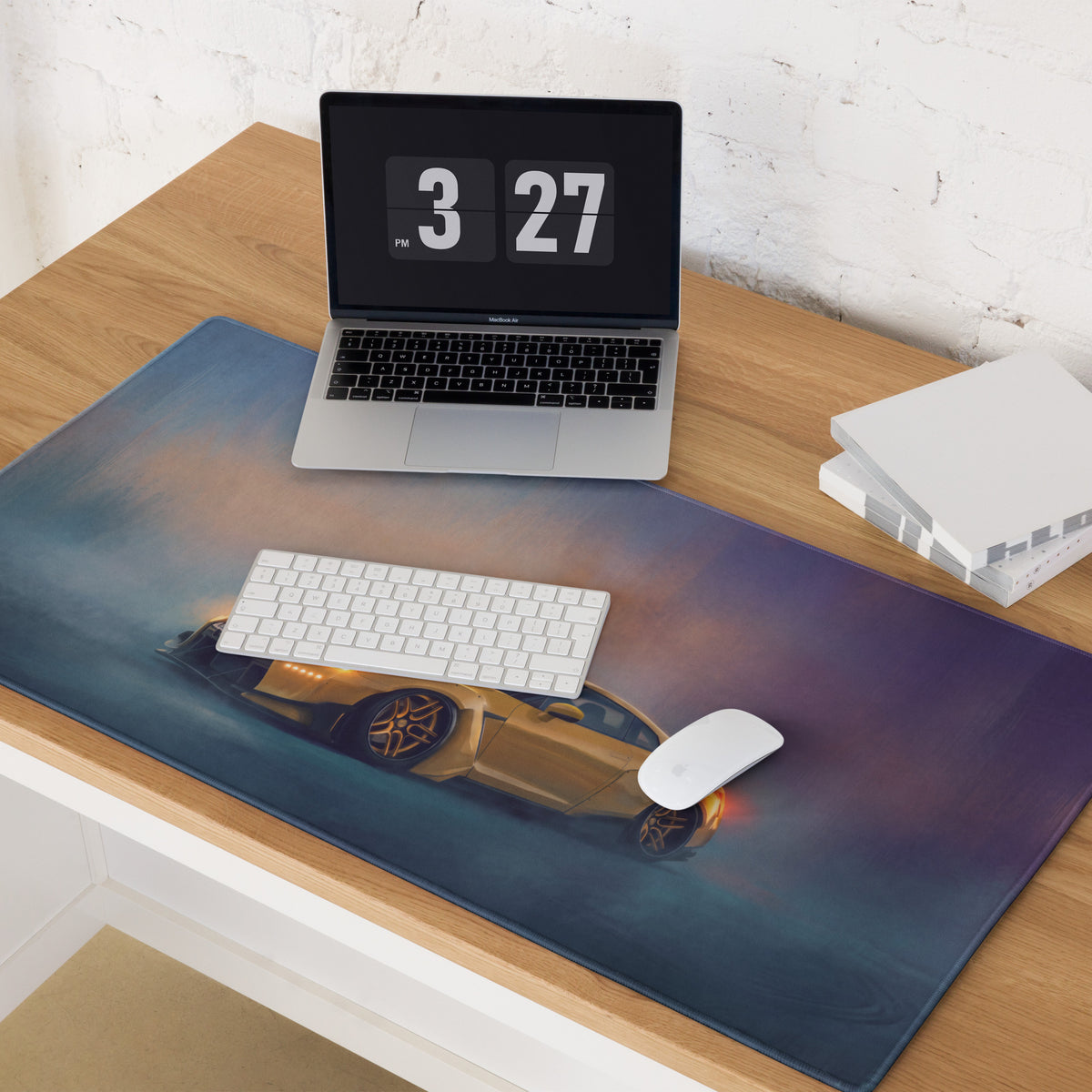 Nissan GT-R Inspired Sunburst Yellow Widebody Desk Mat – Low-Friction Cloth Setup Mousepad