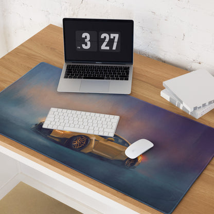 Nissan GT-R Inspired Sunburst Yellow Widebody Desk Mat – Low-Friction Cloth Setup Mousepad