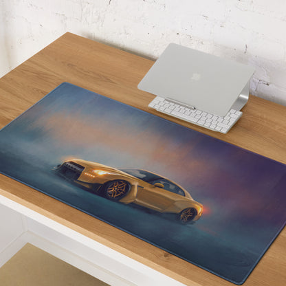 Nissan GT-R Inspired Sunburst Yellow Widebody Desk Mat – Low-Friction Cloth Setup Mousepad