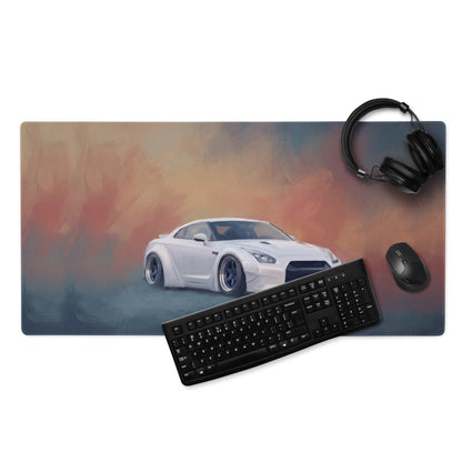Nissan GT-R Inspired Pearl White Widebody Stance Desk Mat – Low-Friction Cloth Setup Mousepad