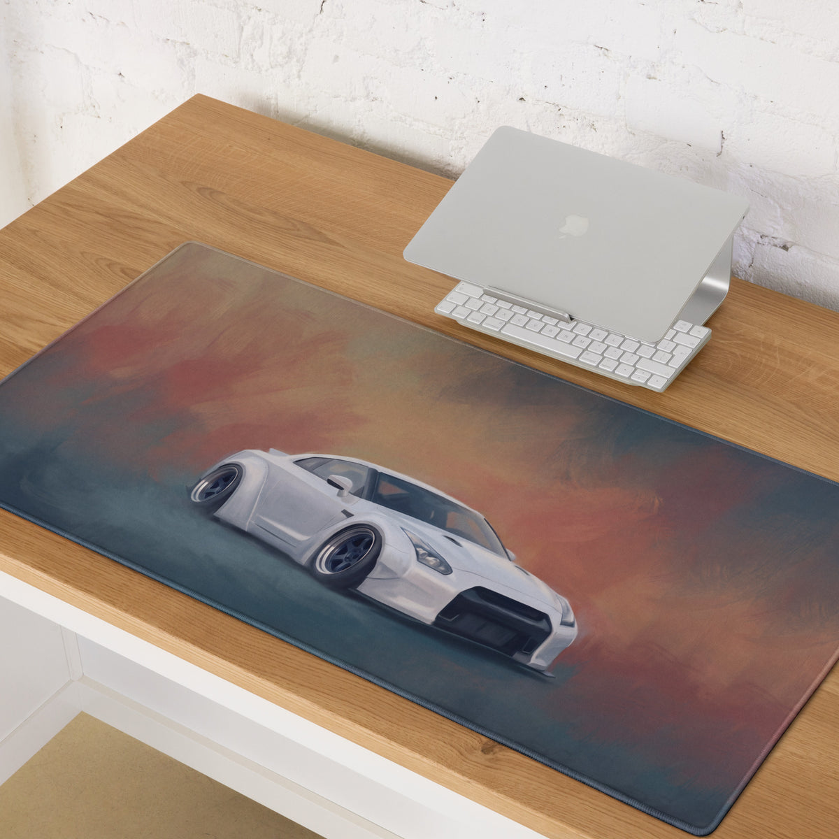Nissan GT-R Inspired Pearl White Widebody Stance Desk Mat – Low-Friction Cloth Setup Mousepad