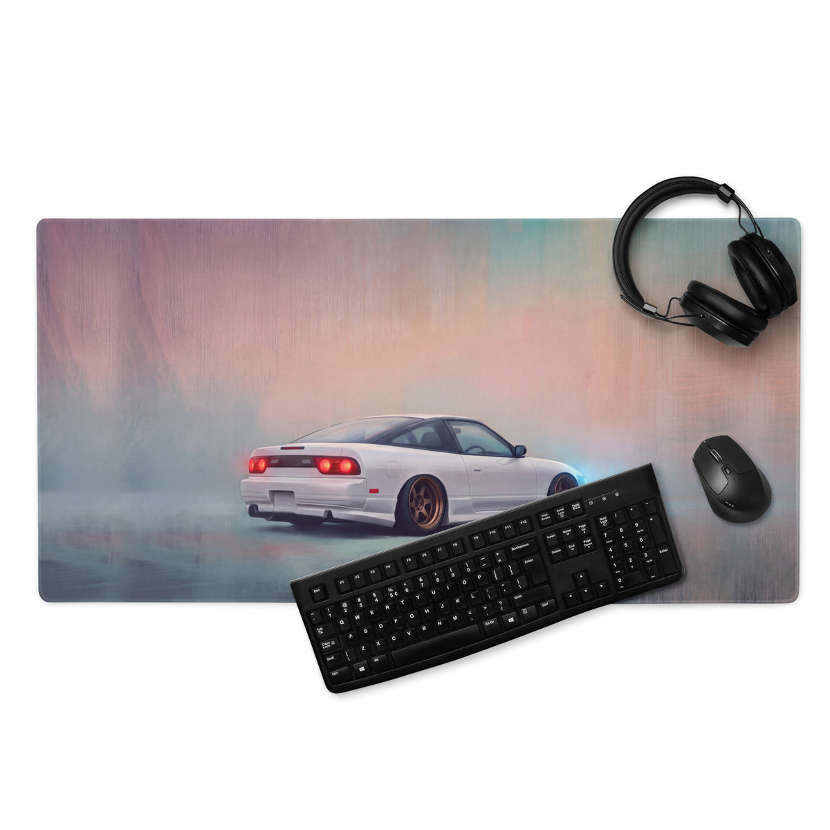 Nissan 180SX Inspired Alpine White Bronze Rim Desk Mat – Low-Friction Cloth Setup Mousepad