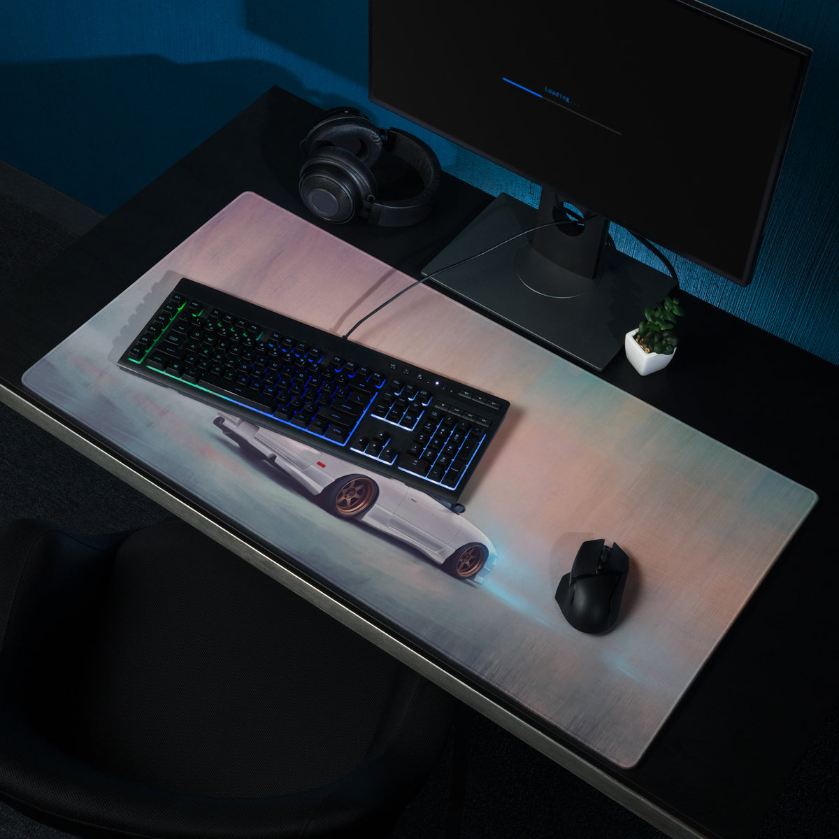 Nissan 180SX Inspired Alpine White Bronze Rim Desk Mat – Low-Friction Cloth Setup Mousepad
