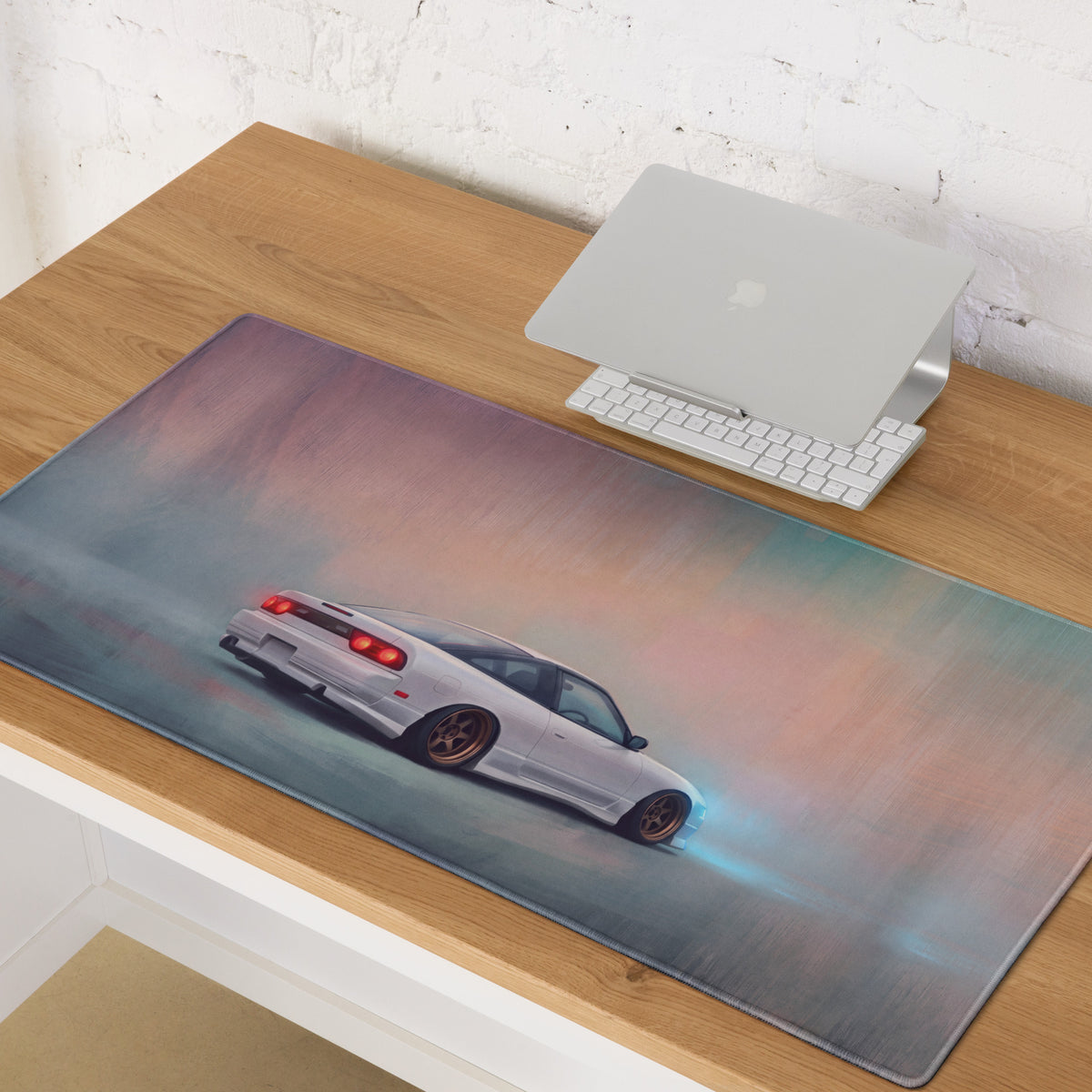 Nissan 180SX Inspired Alpine White Bronze Rim Desk Mat – Low-Friction Cloth Setup Mousepad