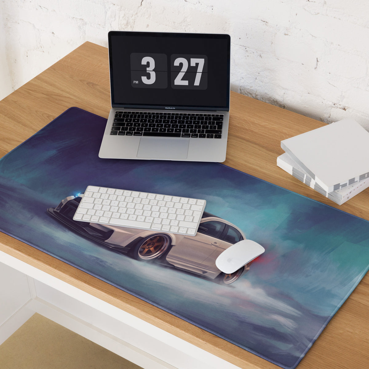 Mitsubishi Lancer Evolution Inspired Alpine White Bronze Rim Evo X Desk Mat – High-Precision XL Gaming Mousepad