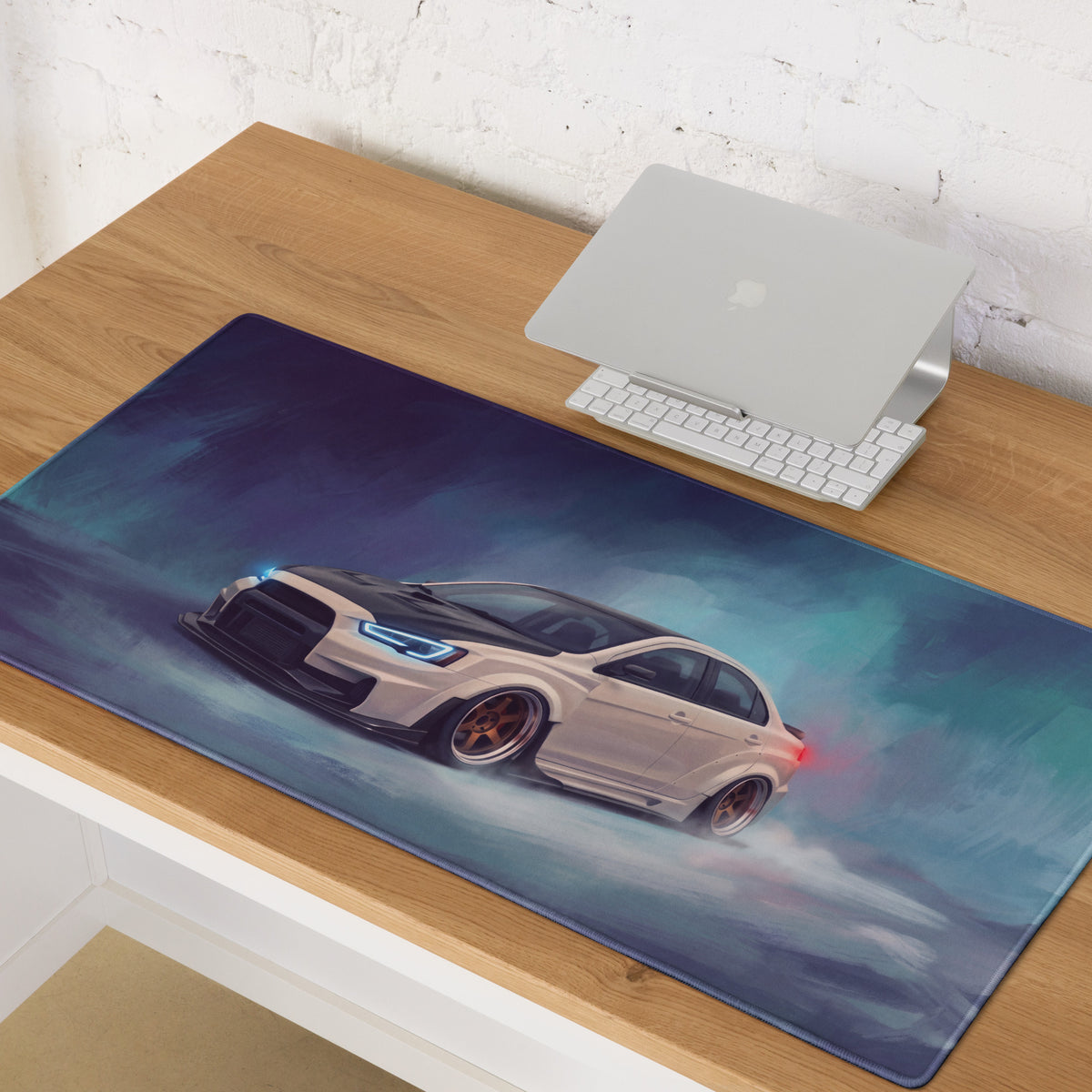 Mitsubishi Lancer Evolution Inspired Alpine White Bronze Rim Evo X Desk Mat – High-Precision XL Gaming Mousepad
