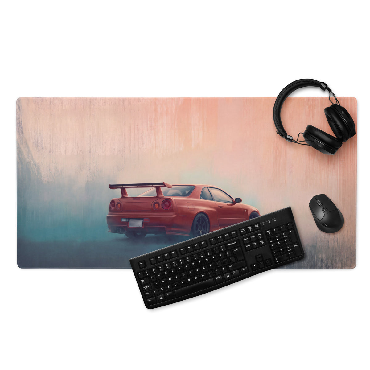 Nissan Skyline Inspired Active Red R34 GT-R Rear Desk Pad – Ultra-Glide Stitched Edge Gaming Mouse Mat