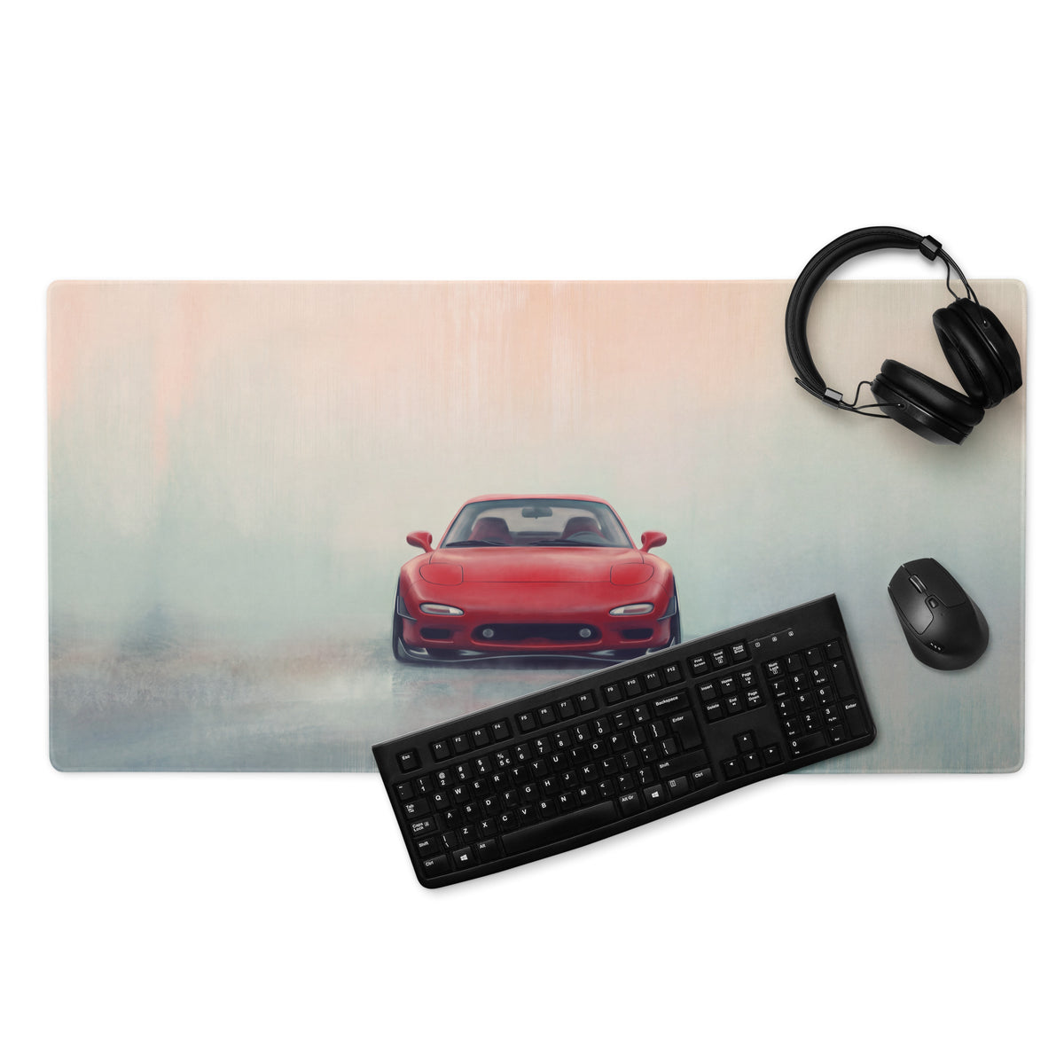 Red sports car graphic printed on a rectangular high precision xl gaming mousepad inspired by mazda rx7 vintage design