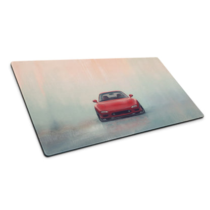 Red mazda rx-7 sports car illustration on a rectangular glass cutting board for kitchen use
