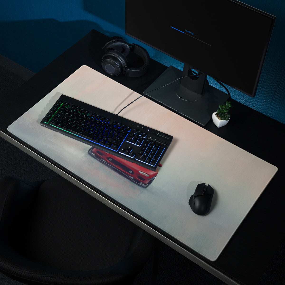 Mazda RX-7 inspired vintage red fd frontal desk mat with a smooth white rectangular mousepad for ergonomic use