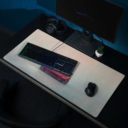 Mazda RX-7 inspired vintage red fd frontal desk mat with a smooth white rectangular mousepad for ergonomic use