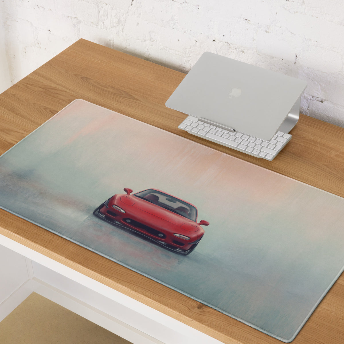 Red mazda rx-7 sports car graphic printed on rectangular translucent silicone desk mat for gaming use