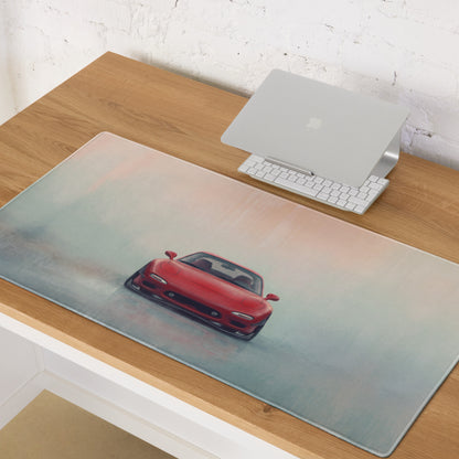 Red mazda rx-7 sports car graphic printed on rectangular translucent silicone desk mat for gaming use