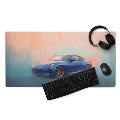 Subaru brz inspired world rally blue bronze rim extended non-slip gaming mousepad with blue sports car and brushed metal texture