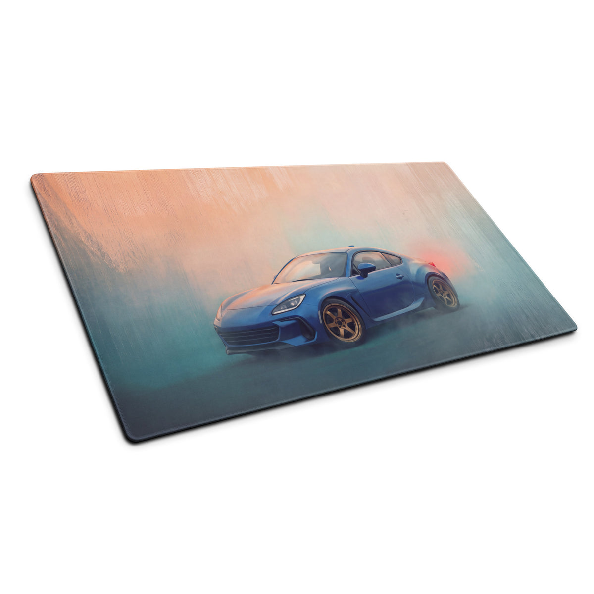 Subaru brz inspired world rally blue sports car graphic on rectangular extended non-slip mousepad with gradient background