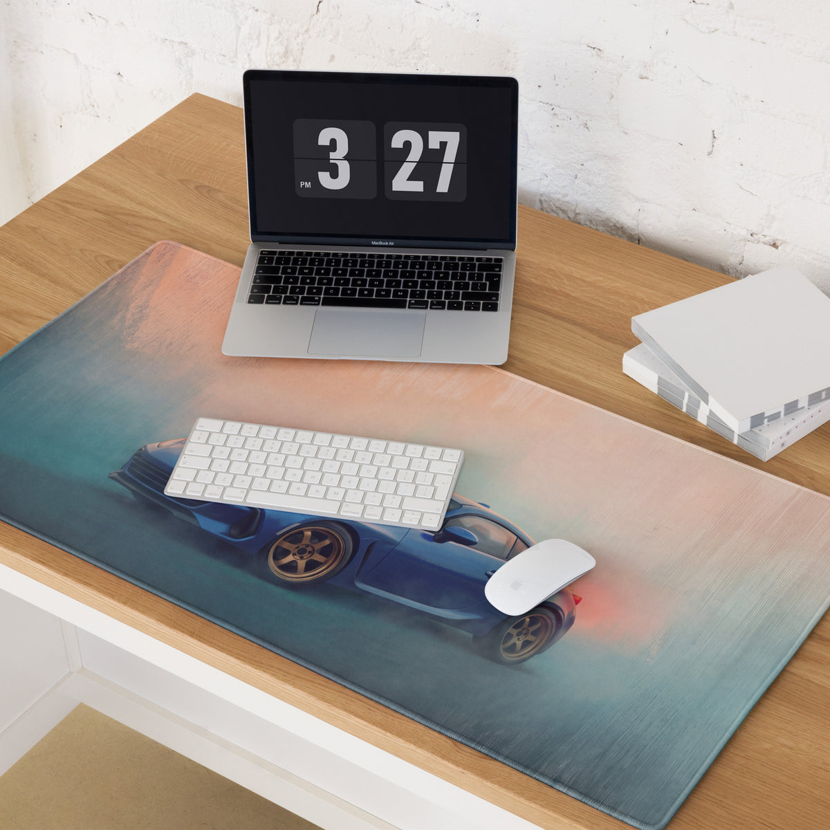 Blue sports car graphic on Subaru BRZ inspired world rally blue bronze rim extended non-slip desk pad with teal pink gradient