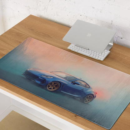 Blue sports car graphic on a rectangular translucent mousepad featuring subaru brz inspired world rally blue design