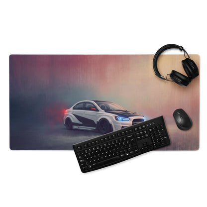 Mitsubishi lancer evolution inspired alpine carbon evo x widebody xl gaming mousepad with vibrant white and black sports car design