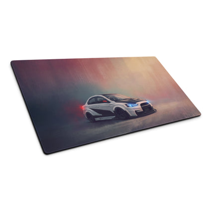 Rectangular gaming mousepad featuring a mitsubishi lancer evolution inspired white and black sports car with blue headlights