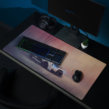 A sleek rectangular alpine carbon evo x widebody gaming mousepad with a dynamic gradient and illuminated white car design