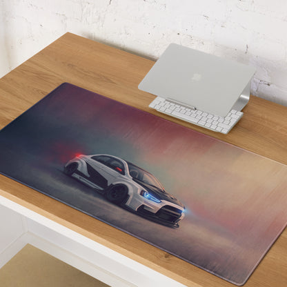 A sleek black and white mitsubishi lancer evolution inspired alpine carbon evo x widebody xl gaming mousepad with sports car design