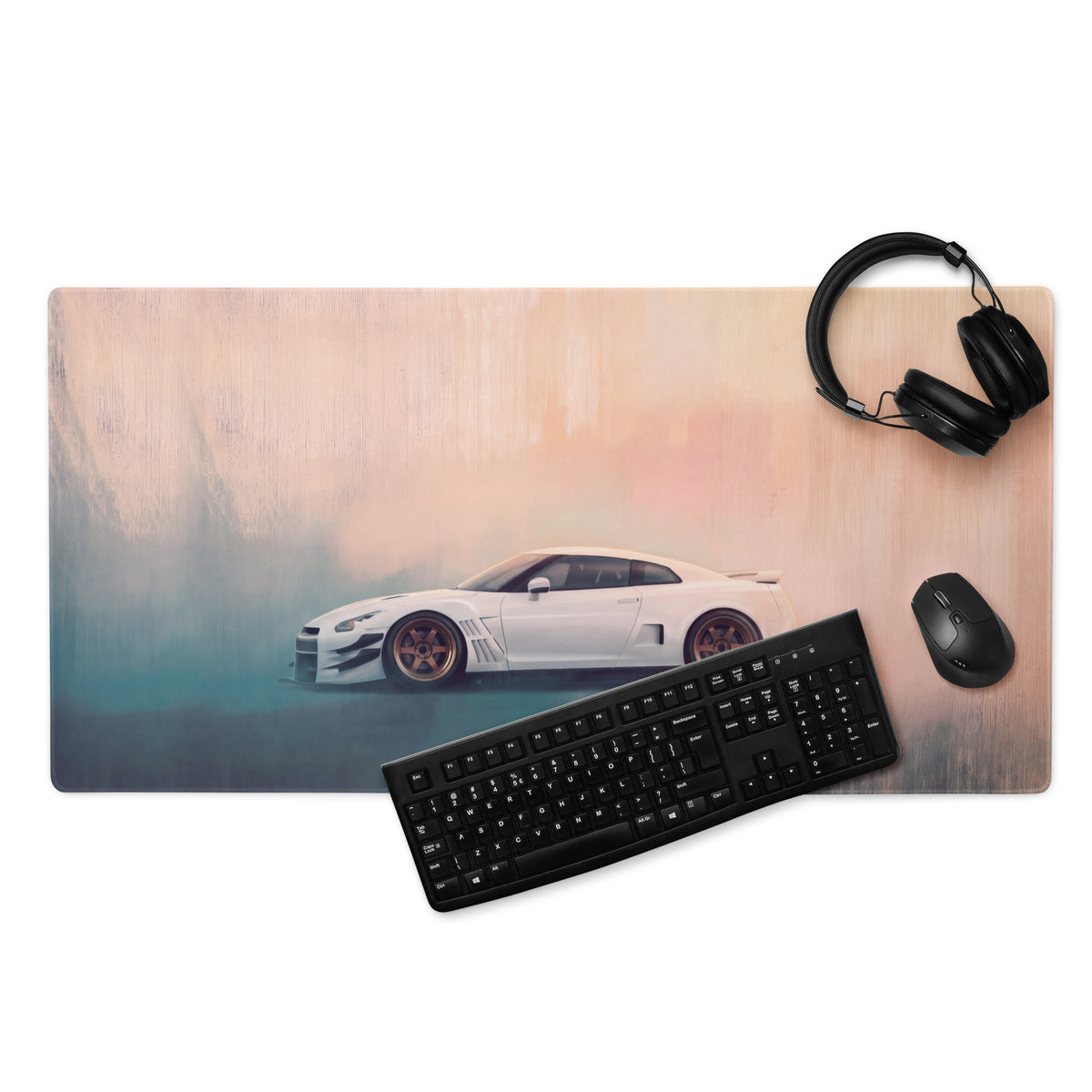 Nissan GT-R Inspired Pearl White Bronze Rim Widebody Desk Pad – Ultra-Glide Stitched Edge Gaming Mouse Mat