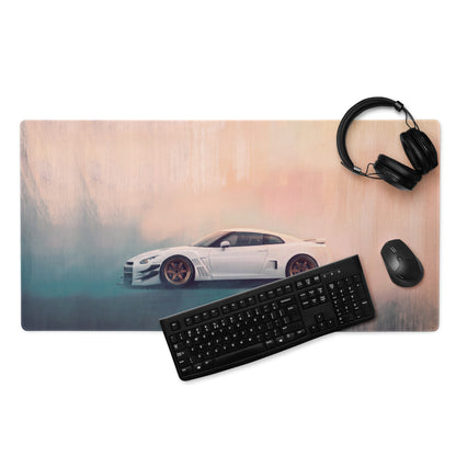 Nissan GT-R Inspired Pearl White Bronze Rim Widebody Desk Pad – Ultra-Glide Stitched Edge Gaming Mouse Mat