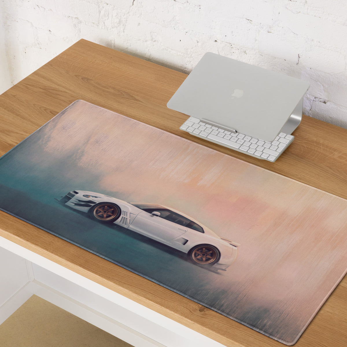 Nissan GT-R Inspired Pearl White Bronze Rim Widebody Desk Pad – Ultra-Glide Stitched Edge Gaming Mouse Mat