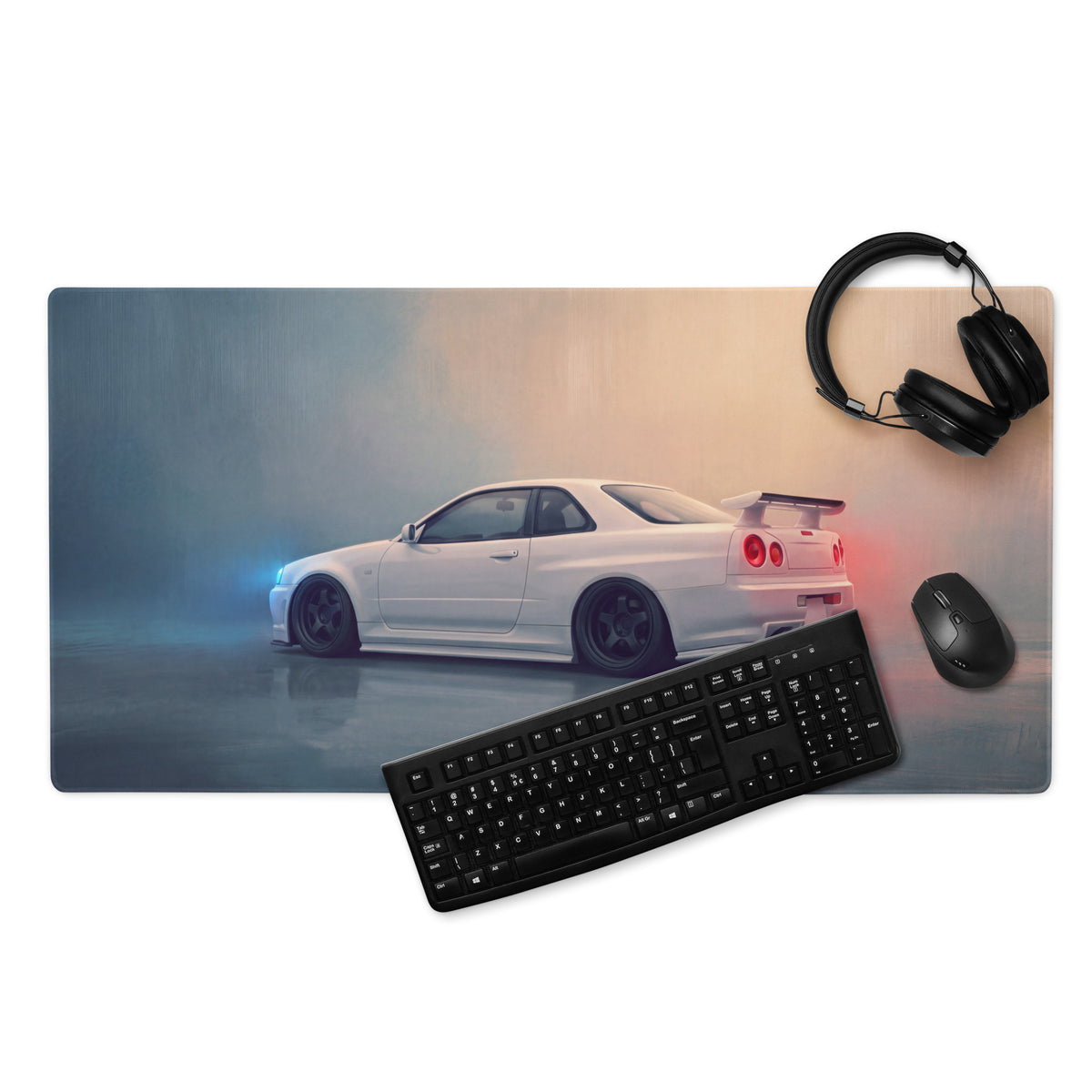 Nissan Skyline Inspired Pearl White R34 GT-R Rear Desk Mat – Low-Friction Cloth Setup Mousepad