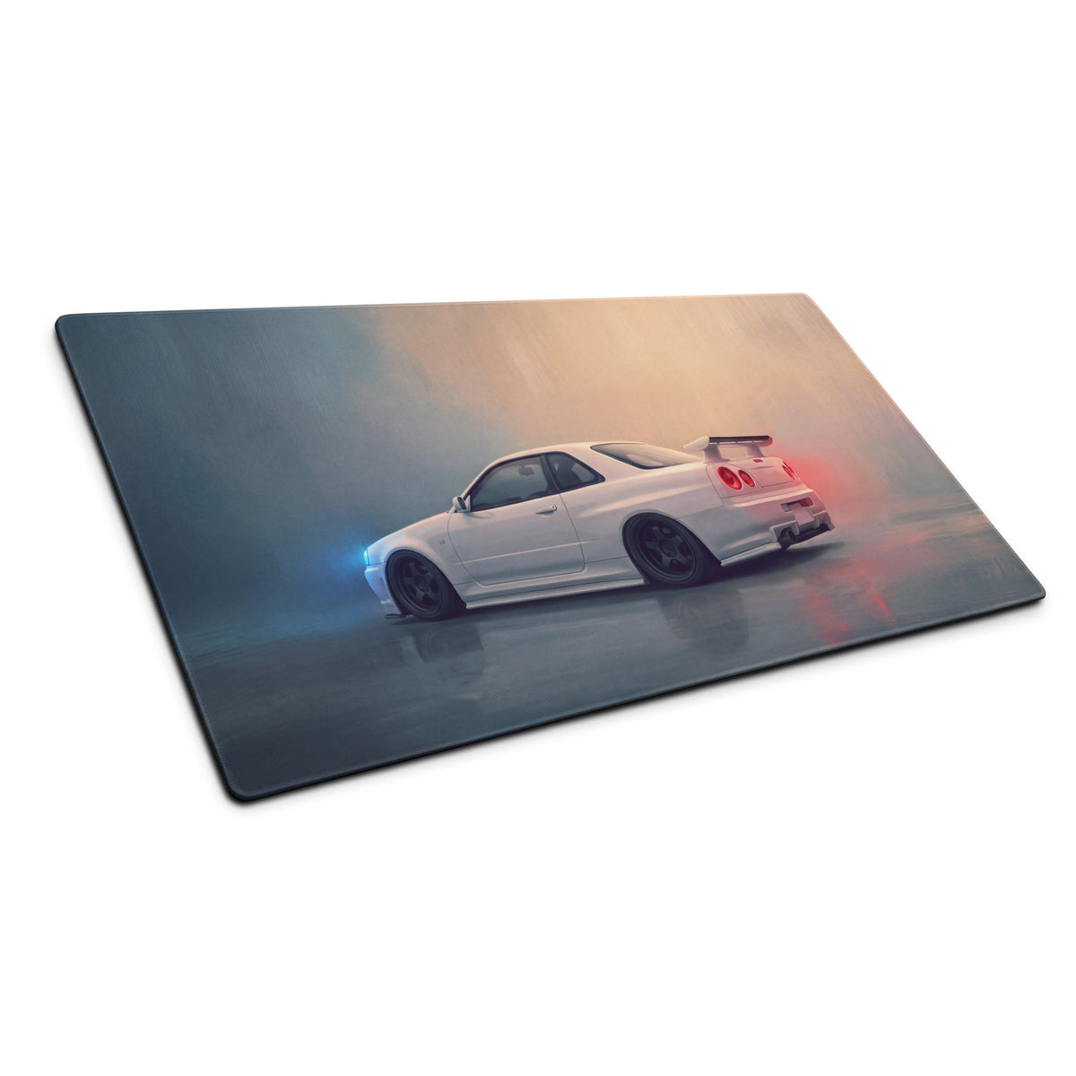 Nissan Skyline Inspired Pearl White R34 GT-R Rear Desk Mat – Low-Friction Cloth Setup Mousepad