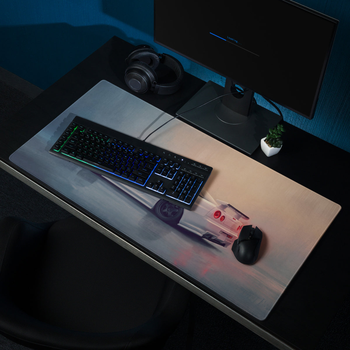 Nissan Skyline Inspired Pearl White R34 GT-R Rear Desk Mat – Low-Friction Cloth Setup Mousepad