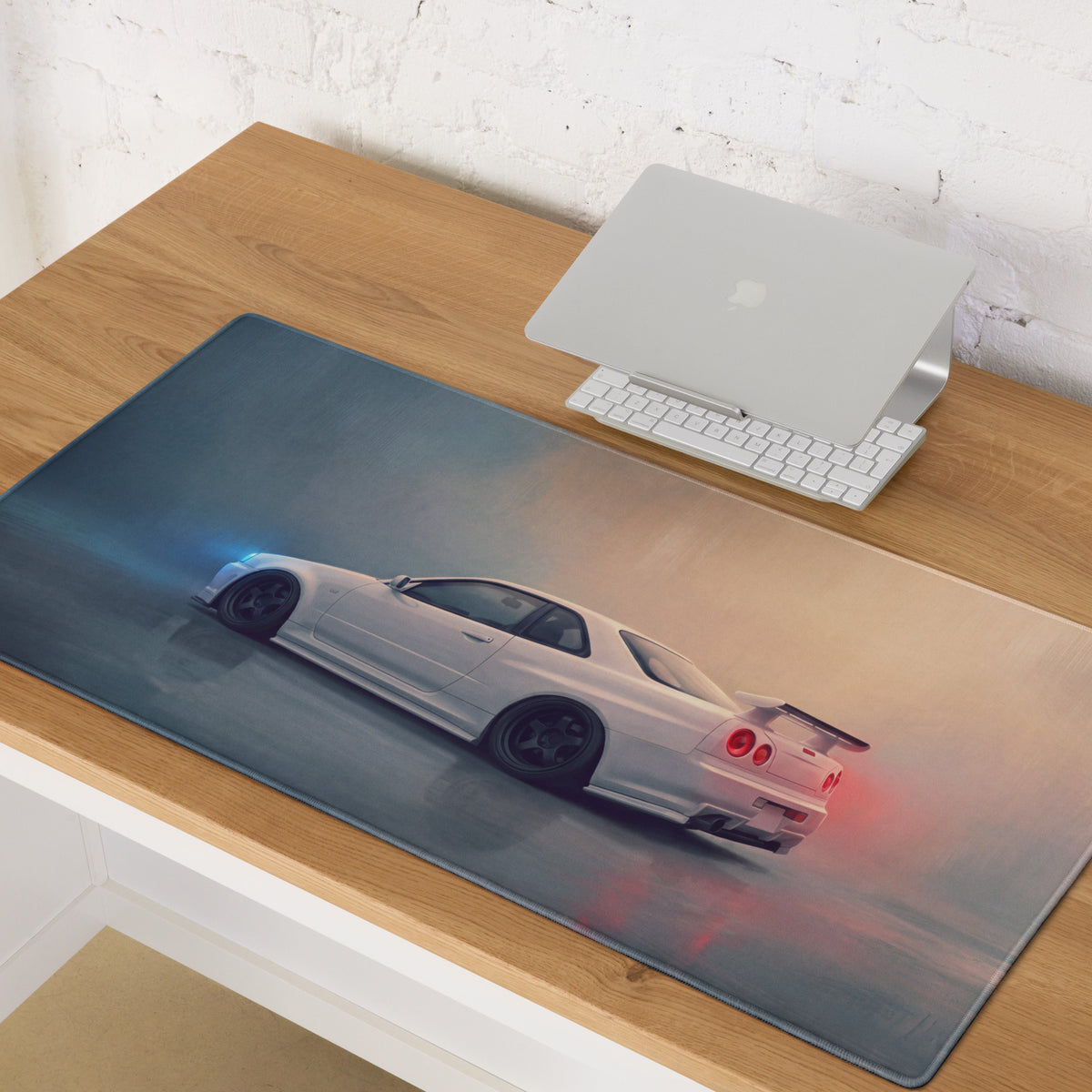 Nissan Skyline Inspired Pearl White R34 GT-R Rear Desk Mat – Low-Friction Cloth Setup Mousepad