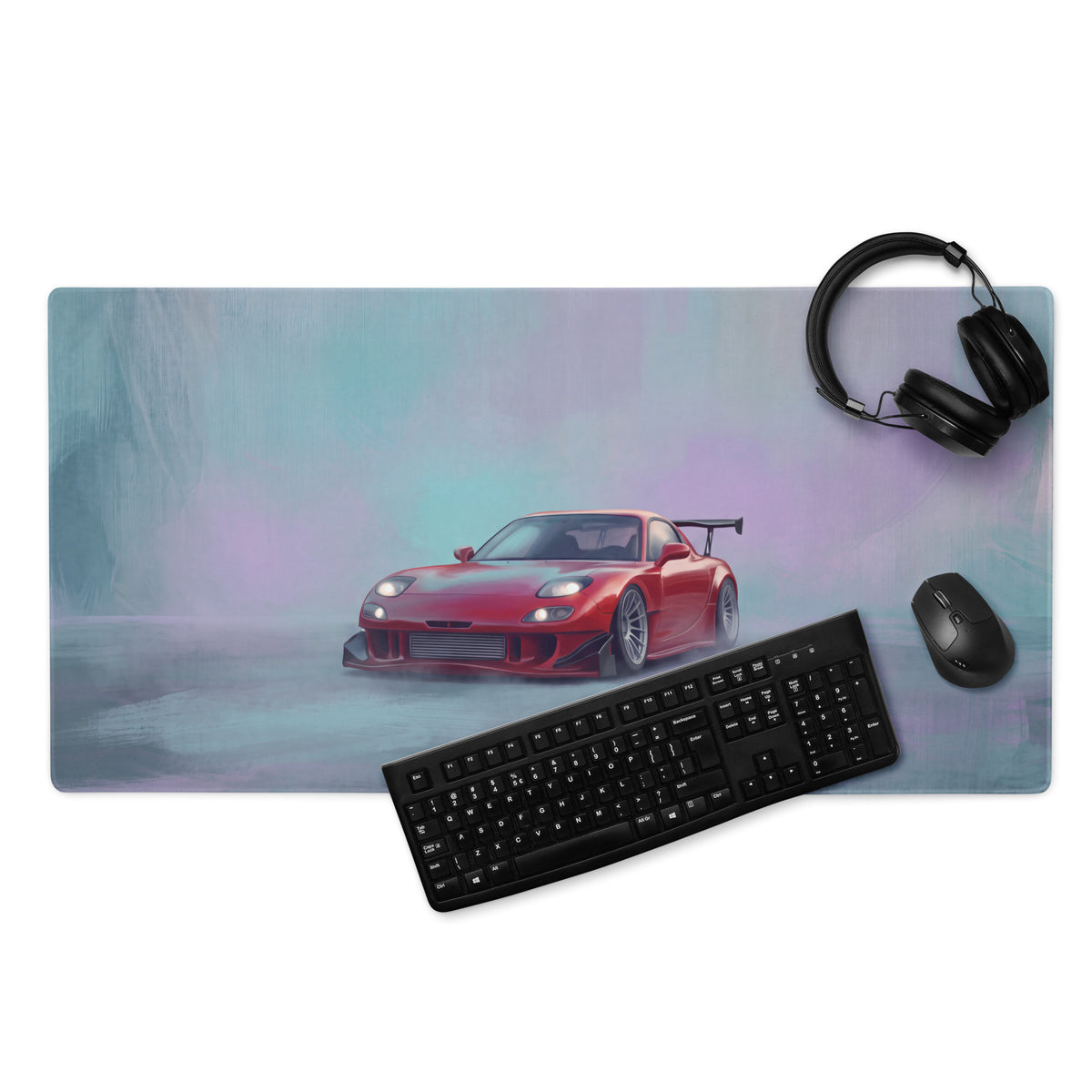 Rectangular gaming mousepad with red mazda rx-7 vintage widebody graphic black keyboard and mouse on top