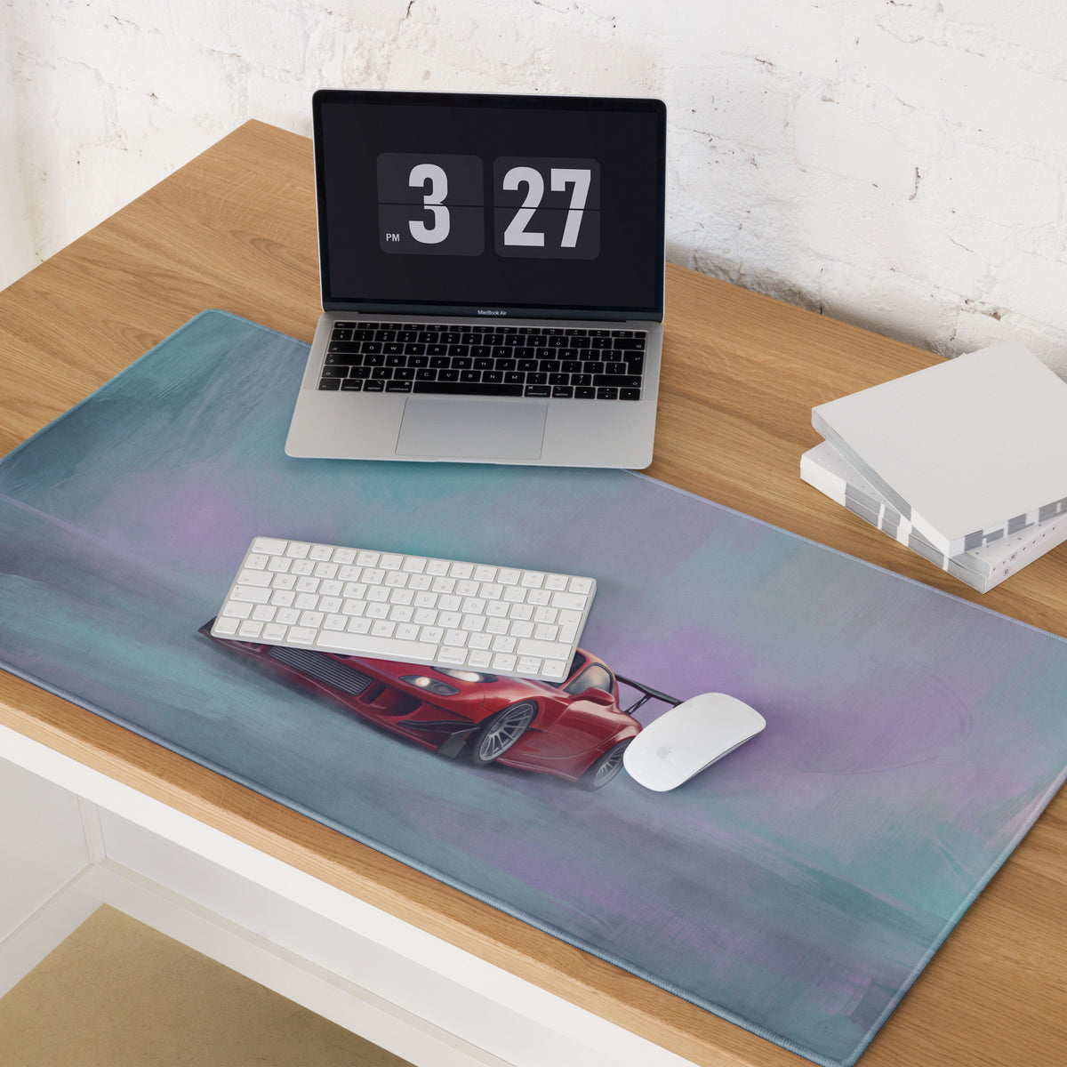 Rectangular soft-textured non-slip mousepad with teal purple gradient and detailed red mazda rx-7 sports car design