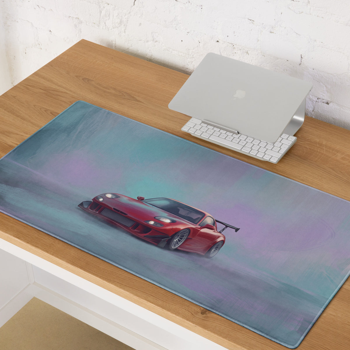 Red vintage widebody mazda rx-7 sports car illustration on a soft textured blue purple gradient extended mousepad