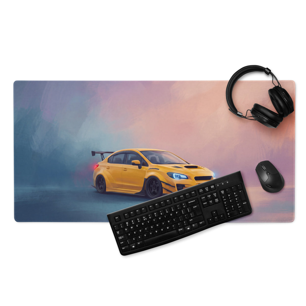 Subaru WRX STI Inspired Sunrise Yellow Widebody Desk Mat – High-Precision XL Gaming Mousepad