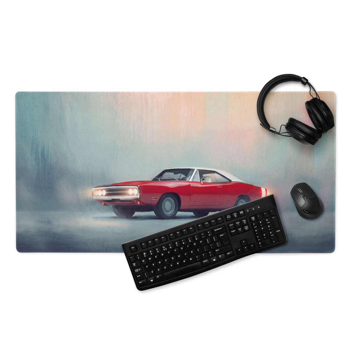 Dodge Charger Inspired Classic Crimson White Desk Pad – Ultra-Glide Stitched Edge Gaming Mouse Mat