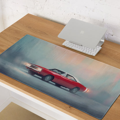 Dodge Charger Inspired Classic Crimson White Desk Pad – Ultra-Glide Stitched Edge Gaming Mouse Mat